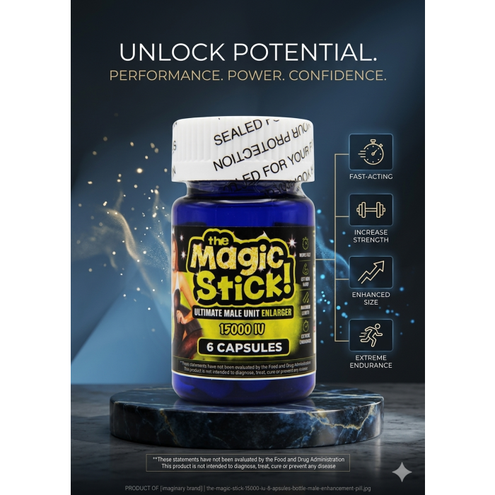 Promotional composite of the blue Magic Stick 15000 IU bottle of 6 capsules with icon callouts