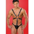 Black leather body harness 28-100 with crossed chest straps, metal O-ring, buckles and front pouch, worn by a model