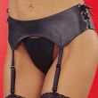 Black leather garter belt 9-105 worn low on the hips, laced eyelet sides and four drop straps
