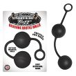 Mack Tuff silicone ball set retail card beside the matte black two-sphere set with moulded cord and ring
