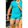 Romeo Whispers aqua V-neck T-shirt with white neckline binding, worn front view