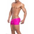 Joe Snyder JS-08 boxer brief in fuchsia pink shimmer knit, front and side view on a male model