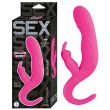 Pink SEX Orgasm Bunny silicone rabbit vibrator standing beside its printed carton