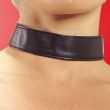 Wide black leather CH-100 choker worn around the throat, plain front with a stitched lower edge