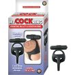 Black 100% silicone vibrating ring set with slim bullet, standing beside its printed window box