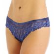 Jezebel Desirables 90005P tanga panty in navy floral stretch lace, front three-quarter view on a model
