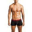 Black MaleBasics MBT01 short boxer, front view, wide red waistband with black lettering