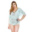 Seafoam floral stretch-lace romper, front view: deep V neckline in black binding and a black satin waist tie