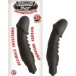 Mack Tuff 10 Function black ribbed silicone vibrator with twist-off base cap, beside its package front