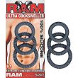 RAM Ultra Cocksweller blister card beside three black ribbed silicone rings in graduated diameters