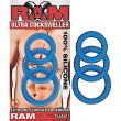 RAM Ultra Cocksweller blister card beside three blue wound-coil silicone rings in graduated diameters