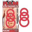 RAM Ultra Cocksweller card in red beside the three ribbed silicone rings in graduated diameters