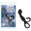 Black silicone Universal Prostate Probe beside its blister card, showing the curved shaft and closed ring handle