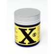 X Gold 17500 blue glass bottle, yellow front label with large black X and circled 6, silver screw cap