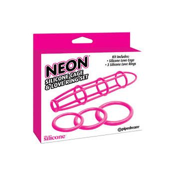 Neon Silicone Cage and Love Ring Set Pink Pipedream