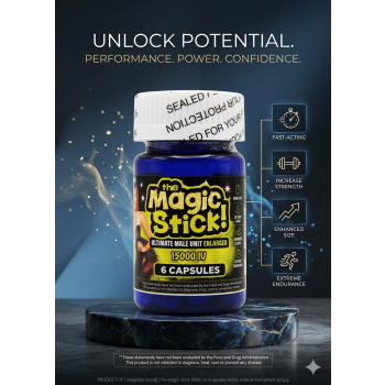 Promotional composite of the blue Magic Stick 15000 IU bottle of 6 capsules with icon callouts