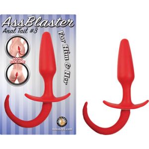 AssBlaster Anal Tail #3 blister card and red silicone plug with flared base bar and ribbed curled tail