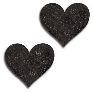Glitter 31517 pair of black heart-shaped pasties with all-over glitter finish, on a white background