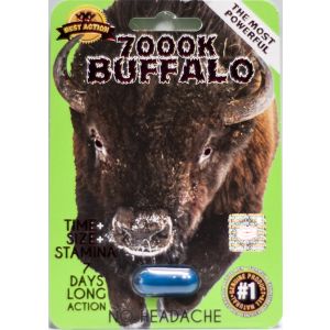 Buffalo 7000K front of green blister card with bison artwork and one blue capsule sealed in the blister