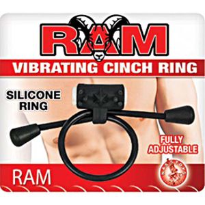 RAM Vibrating Cinch Ring blister card front, black adjustable silicone ring with a vibrating pod