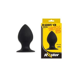 Rooster Daddy-O Small black silicone plug with flared suction-cup base, beside its yellow and black carton