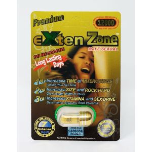 Exten Zone Premium Gold 12000 front blister card with one gold capsule sealed in the clear blister
