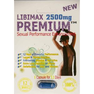 L-Premium 2500mg front of card with one blue capsule sealed in a clear blister at the base
