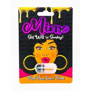Minx Get Wet n Gushy front of card, magenta wordmark on black with one capsule in a clear blister dome