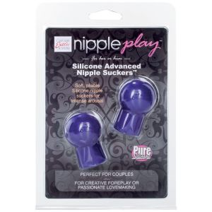 Nipple Play purple silicone nipple suckers, two-piece set sealed on its printed blister card