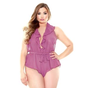 Curve P183 orchid chiffon halter romper, front view with ruffled deep-V front and tied waist sash