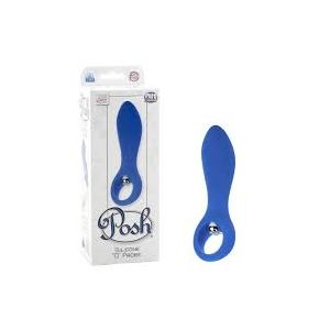Blue Posh silicone probe with looped handle base beside its tall window carton