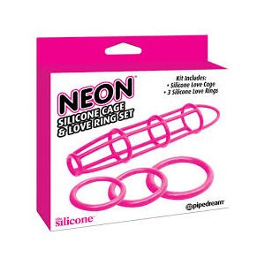 Neon Silicone Cage and Love Ring Set Pink Pipedream