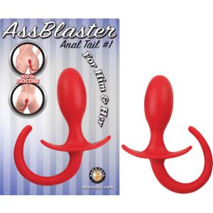 AssBlaster Anal Tail #1 red silicone plug on its blister card, beside the bare plug showing its curved tail