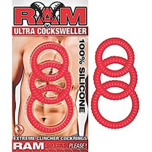 RAM Ultra Cocksweller card in red beside the three ribbed silicone rings in graduated diameters