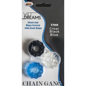 Chain Gang Erection Rings eaches. Individually wrapped cock rings in three assorted colors: Black Blue and Clear. Chain up your member in hard core style with these fun Chain link super stretch silicone love rings. Chain Link Mega Stretch Jelly Cock Rings