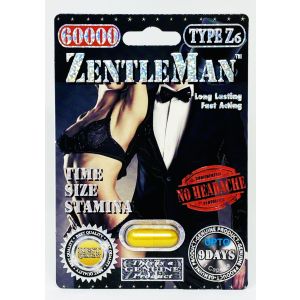 ZentleMan Type Z6 front blister card in black and silver, one gold capsule sealed in the clear blister window